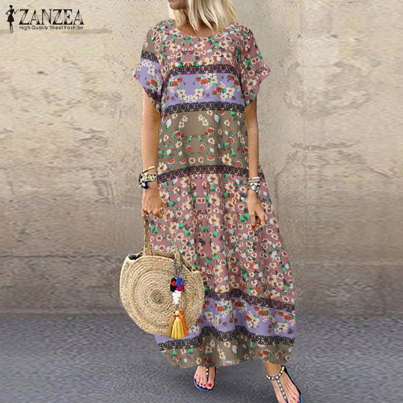 ZANZEA Fashion Summer Maxi Dress Women's Printed Sundress Casual Short Sleeve Vestidos Female High Waist Robe Femme