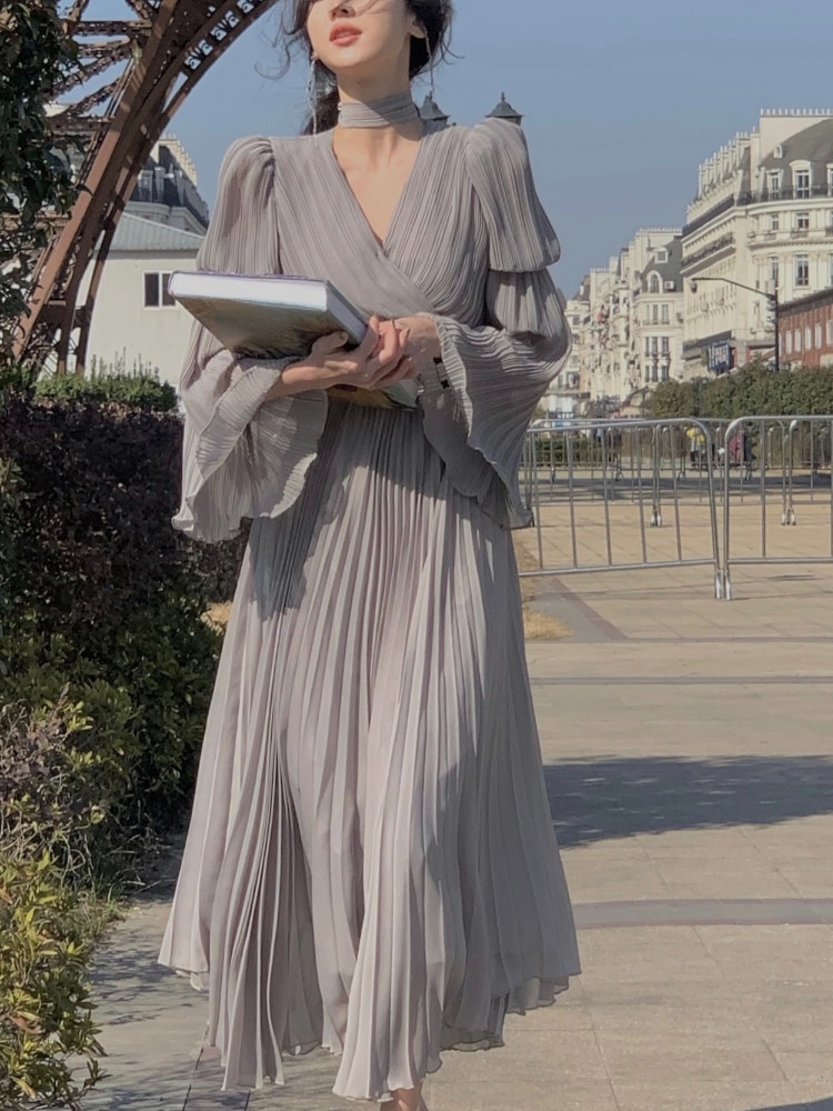 2023 Spring Elegant V-Neck Midi Dress Office Lady Long Sleeve Casual One Piece Dress Korean French Vintage Chiffon Dress Women