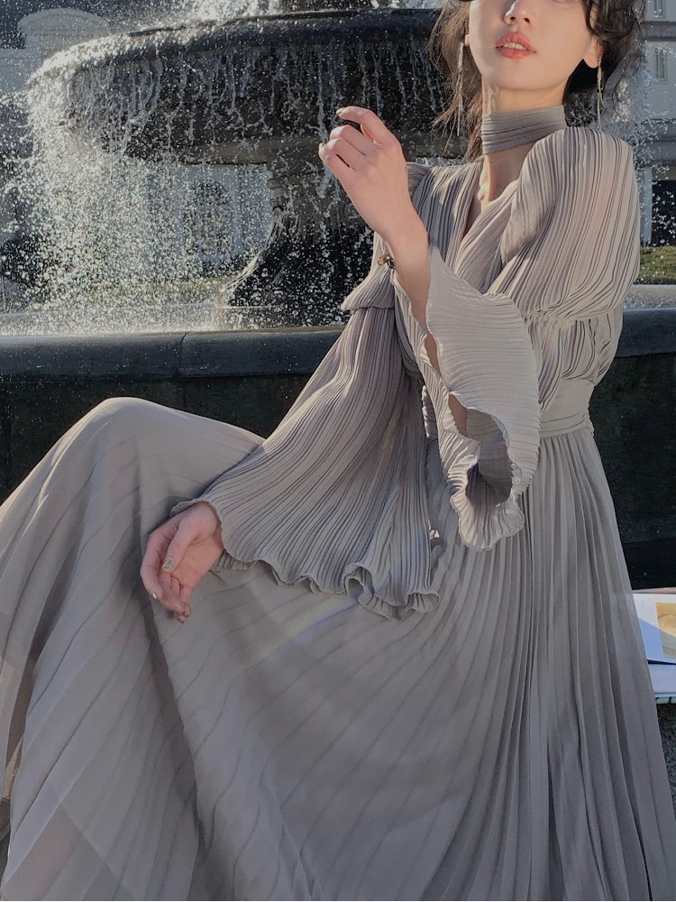 2023 Spring Elegant V-Neck Midi Dress Office Lady Long Sleeve Casual One Piece Dress Korean French Vintage Chiffon Dress Women