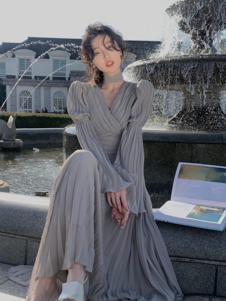 2023 Spring Elegant V-Neck Midi Dress Office Lady Long Sleeve Casual One Piece Dress Korean French Vintage Chiffon Dress Women