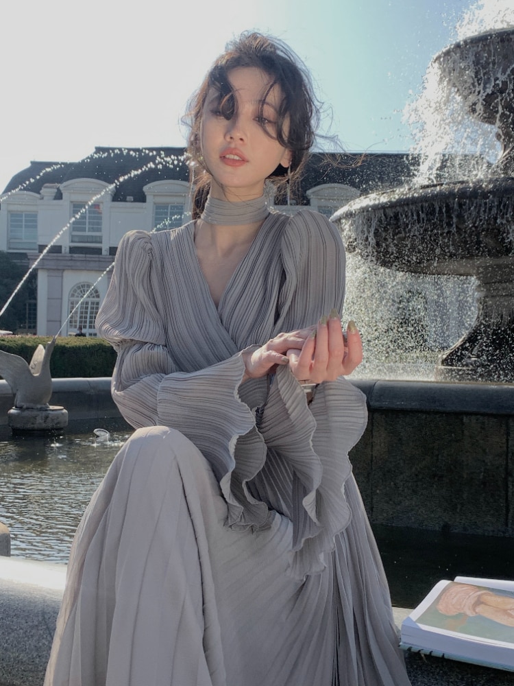 2023 Spring Elegant V-Neck Midi Dress Office Lady Long Sleeve Casual One Piece Dress Korean French Vintage Chiffon Dress Women