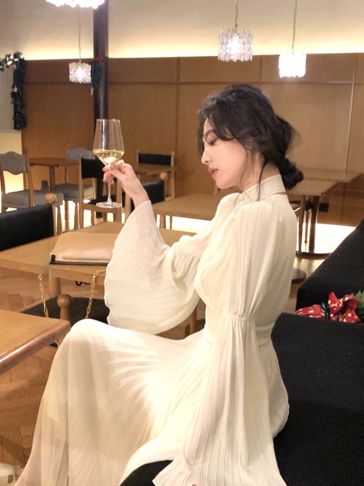 2023 Spring Elegant V-Neck Midi Dress Office Lady Long Sleeve Casual One Piece Dress Korean French Vintage Chiffon Dress Women
