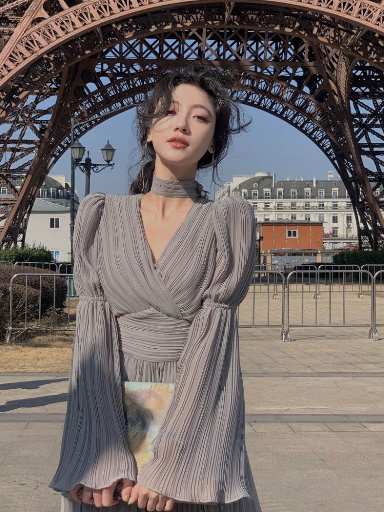 2023 Spring Elegant V-Neck Midi Dress Office Lady Long Sleeve Casual One Piece Dress Korean French Vintage Chiffon Dress Women