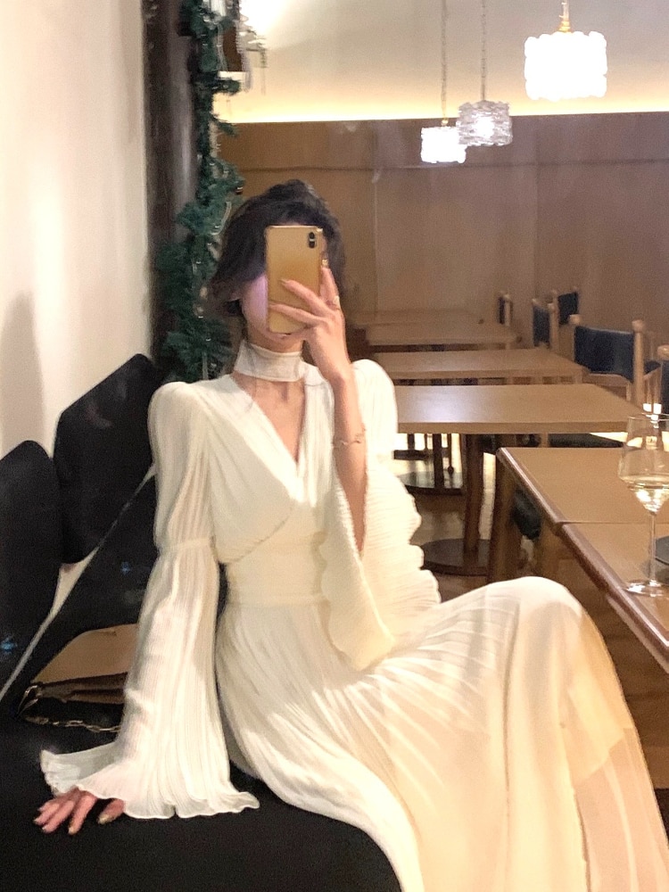 2023 Spring Elegant V-Neck Midi Dress Office Lady Long Sleeve Casual One Piece Dress Korean French Vintage Chiffon Dress Women
