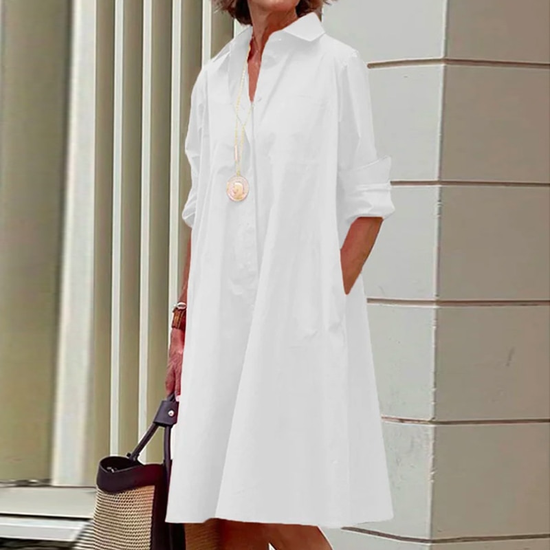 Women Solid Shirt Dress Summer Fashion Casual Turn-down Collar Pocket Long Sleeve Midi Dresses Female Sexy Dot Dresses Vestidos