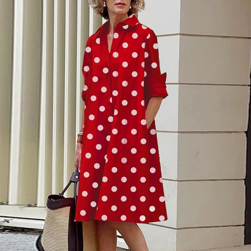 Women Solid Shirt Dress Summer Fashion Casual Turn-down Collar Pocket Long Sleeve Midi Dresses Female Sexy Dot Dresses Vestidos