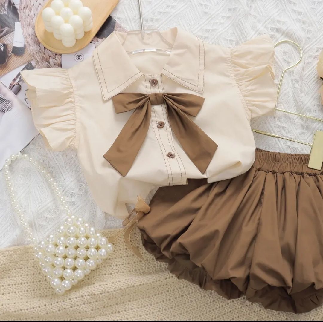 Summer College Style Children Clothes Suits Girls Petal Short Sleeve Shirt Flower Bud Skirt 2Pcs Set Princess short-sleeved suit