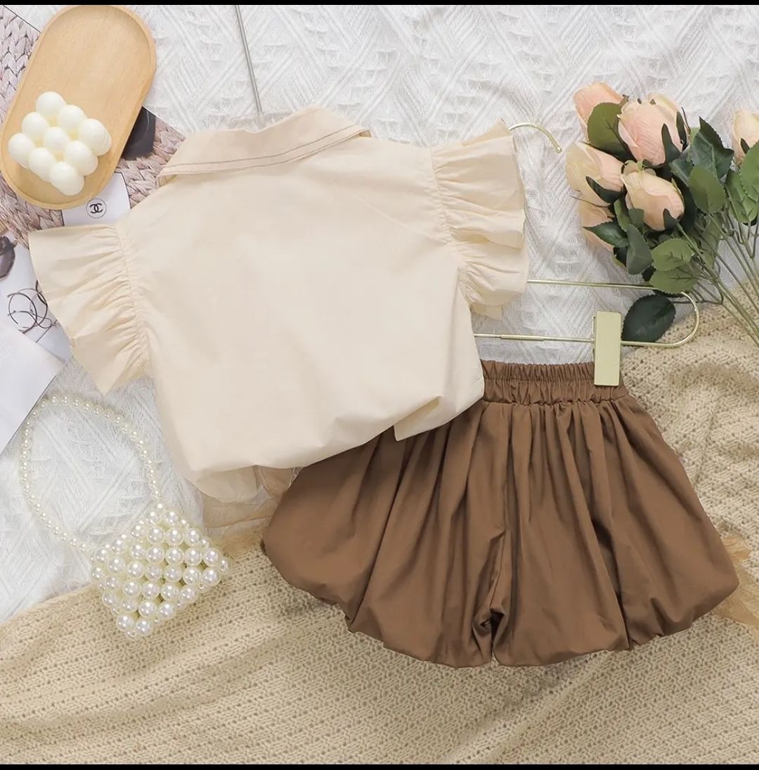Summer College Style Children Clothes Suits Girls Petal Short Sleeve Shirt Flower Bud Skirt 2Pcs Set Princess short-sleeved suit