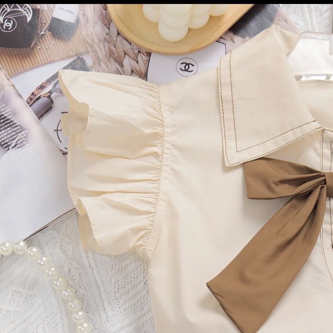 Summer College Style Children Clothes Suits Girls Petal Short Sleeve Shirt Flower Bud Skirt 2Pcs Set Princess short-sleeved suit