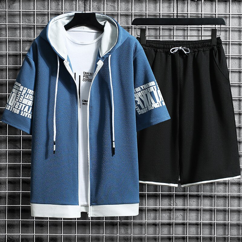 Mens Summer Sets Casual Hooded Short Sleeve Tops+ Shorts Two Piece Set Men Fashion Print Short Sleeve Zipper Cardigan Clothing