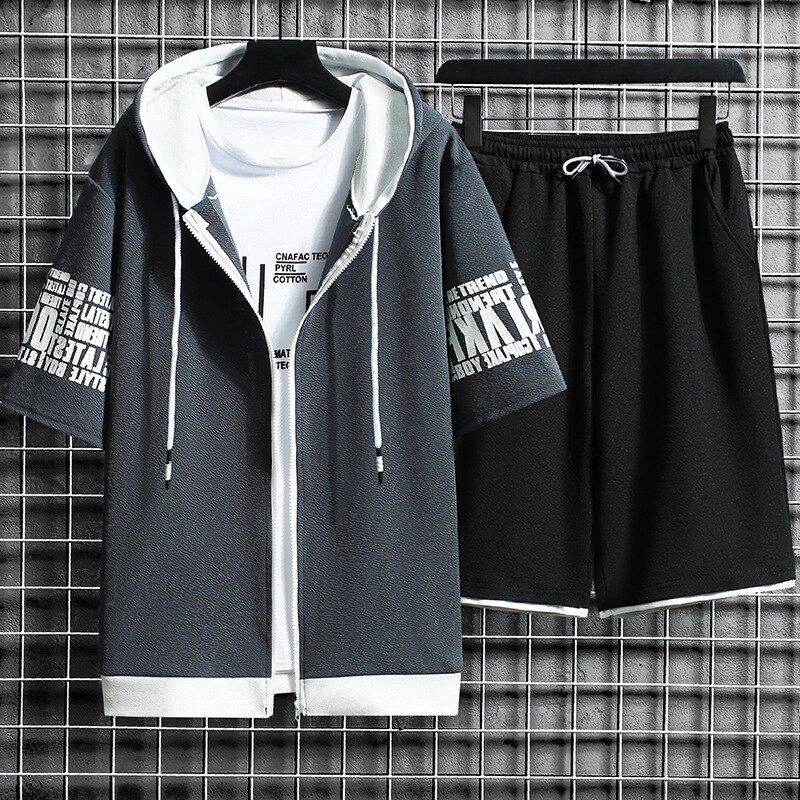 Mens Summer Sets Casual Hooded Short Sleeve Tops+ Shorts Two Piece Set Men Fashion Print Short Sleeve Zipper Cardigan Clothing