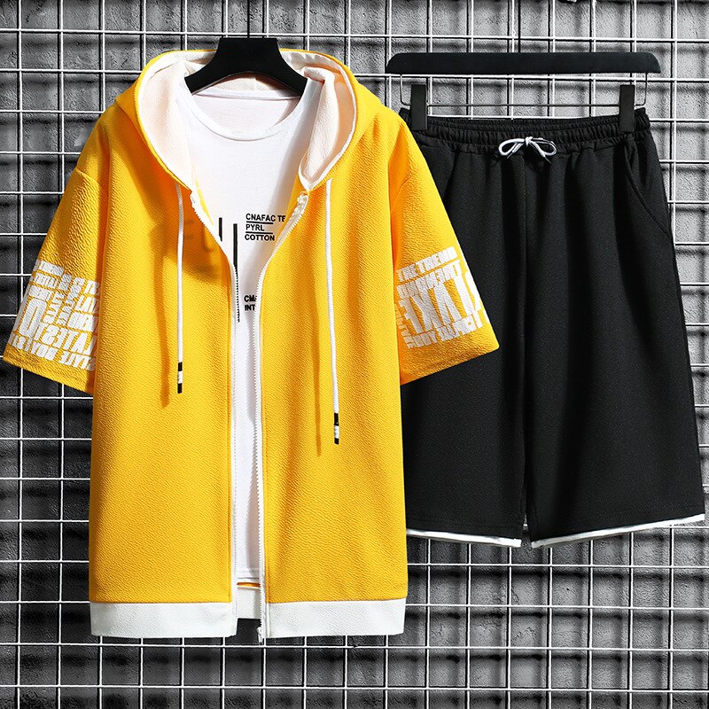 Mens Summer Sets Casual Hooded Short Sleeve Tops+ Shorts Two Piece Set Men Fashion Print Short Sleeve Zipper Cardigan Clothing
