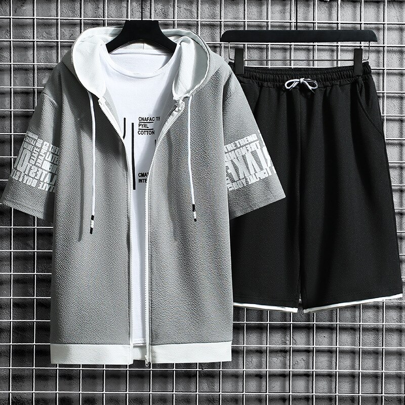 Mens Summer Sets Casual Hooded Short Sleeve Tops+ Shorts Two Piece Set Men Fashion Print Short Sleeve Zipper Cardigan Clothing