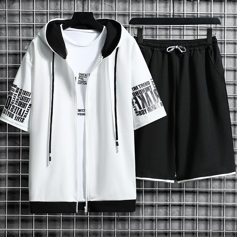 Mens Summer Sets Casual Hooded Short Sleeve Tops+ Shorts Two Piece Set Men Fashion Print Short Sleeve Zipper Cardigan Clothing