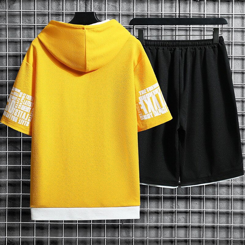 Mens Summer Sets Casual Hooded Short Sleeve Tops+ Shorts Two Piece Set Men Fashion Print Short Sleeve Zipper Cardigan Clothing